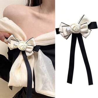 (1pc) Elegant Camellia Flower Brooch, For Dressing Up Clothes, Suitable For New Year, Party Occasions, Year-Round Classic Design With Bow, Rhinestone And Pearl, Fashion Accessory Valentine's Day Valentines Dress Accessories Pin For Clothes Bag Charm School