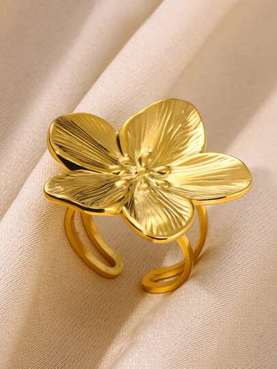 1PC Elegant Stainless Steel Big Bloom Flower Rings For Women Gold Color New Style Open Rings Finger Jewelry Wedding Her Gift Punk