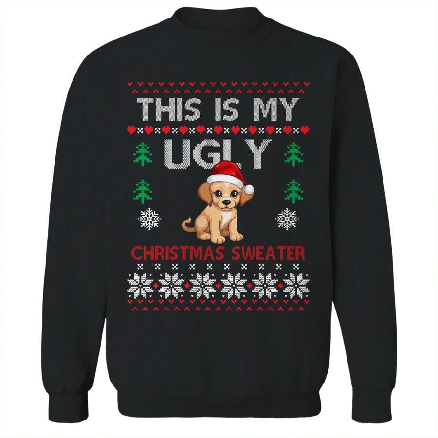 Nearly There Ugly Puppy Christmas Sweater Unisex Graphic Cotton Pullover Sweatshirt - 黑色 - 查看 1