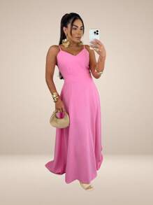 Long Dress - Women's Strap Dress, Marant Sensoriale Tailoring Fabric - Màu Hồng baby - Xem 4