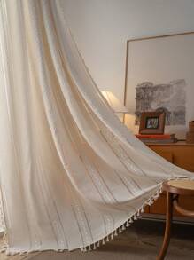 Bubaba 1 件白色针织提花遮光窗帘，波西米亚北欧风格针织条纹镂空设计，适用于卧室装饰，适用于厨房、卧室、餐厅、客厅，使房间变暗，季节性装饰 - 白色 - 查看 2