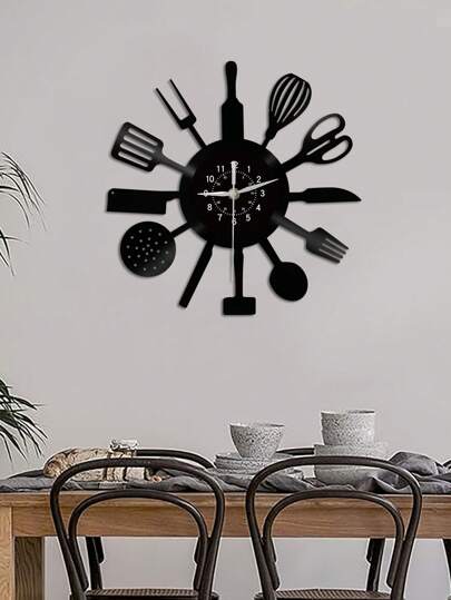 1pc Vinyl Record Wand Clock, Knife, Spoon Kitchenware Theme Silent Kitchen Restaurant ation, Birthday, Living Room Bedroom, Home Kitchen, Office ,Home ,Room Graduation Klok Bedroom Dormitory Back To School view 4
