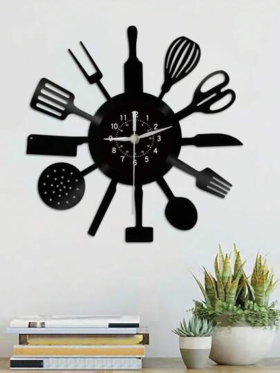 1pc Vinyl Record Wand Clock, Knife, Spoon Kitchenware Theme Silent Kitchen Restaurant ation, Birthday, Living Room Bedroom, Home Kitchen, Office ,Home ,Room Graduation Klok Bedroom Dormitory Back To School