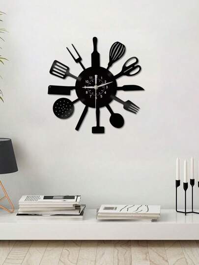 1pc Vinyl Record Wand Clock, Knife, Spoon Kitchenware Theme Silent Kitchen Restaurant ation, Birthday, Living Room Bedroom, Home Kitchen, Office ,Home ,Room Graduation Klok Bedroom Dormitory Back To School view 3