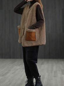 Damen Lässige & Hauskleidung Luftige Passform Ärmellose Kontrast-Farbe Tasche Plüsch Weste, für Herbst/Winter
