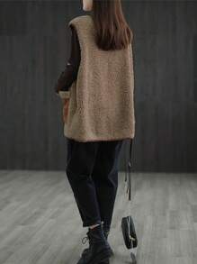 Damen Lässige & Hauskleidung Luftige Passform Ärmellose Kontrast-Farbe Tasche Plüsch Weste, für Herbst/Winter