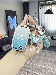 时尚水钻粉色/蓝色仿珍珠蝴蝶钥匙扣 + 桃色/天蓝色汽车钥匙 TPU 防震壳 + 适用于起亚 K3 K5 K2 KX3 K4 KX5 Sportage Soul Sorento Cadenza 钥匙扣壳，柔软，精美礼物 - 均碼 - 查看 13