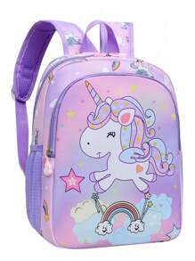 low tea 1 件卡通独角兽尼龙拉链开合可爱背包，适合日常使用 S 行李箱、书包、幼儿背包、书包、包、书包、背包、背包、学校背包、背包、小背包、迷你背包非常适合学校、旅行包