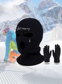 2pcs/1pc Unisex Embroidered Balaclava Neck Warmer Hat And Knit Glove Set, Suitable For Autumn/Winter Outdoor Travel, Skiing, Cycling, Hiking Beanie Fall Outfit