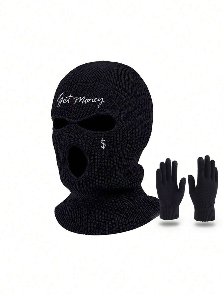 2pcs/1pc Unisex Embroidered Balaclava Neck Warmer Hat And Knit Glove Set, Suitable For Autumn/Winter Outdoor Travel, Skiing, Cycling, Hiking Beanie Fall Outfit