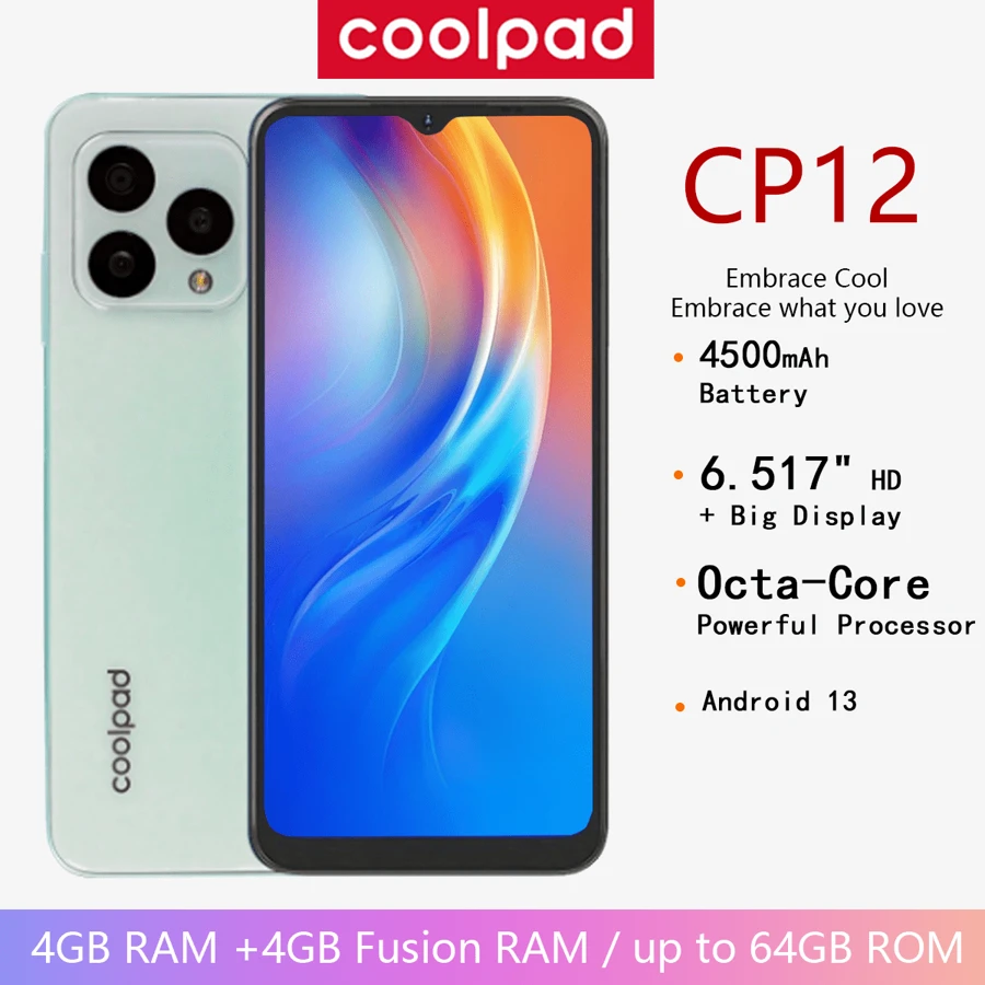 Coolpad Cool，CP12，Android 13，浅绿色，6.517 英寸 HD+ 8GB（包括 4GB 扩展 RAM）64GB，13 MP 三摄像头，4500mAh 双电池，SIM 4G，插头为欧洲标准，智能手机
