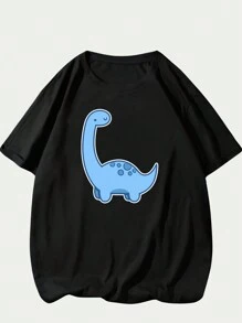 Blue Dinosaur Printed T-Shirt Unisex Streetwear Short Sleeve Comfort - 黑色 - 查看 1