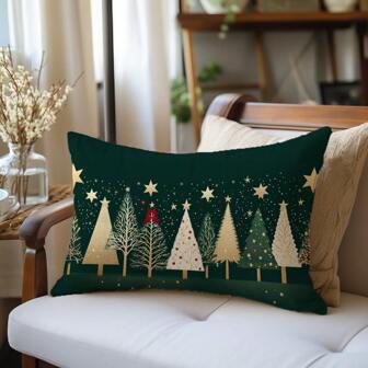 1pc Simple Dark Green & Gold Christmas Tree Decorative Pillow Cover, Single-Sided Printed Velvet, 30*50cm/40*60cm Cushion Cover Suitable For Modern Living Room Sofa, Party Decor, Gift