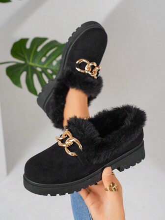 1 Pair Winter Warm Plush-Lined Flat Shoes, Offers Cozy Comfort Through The Cold Days