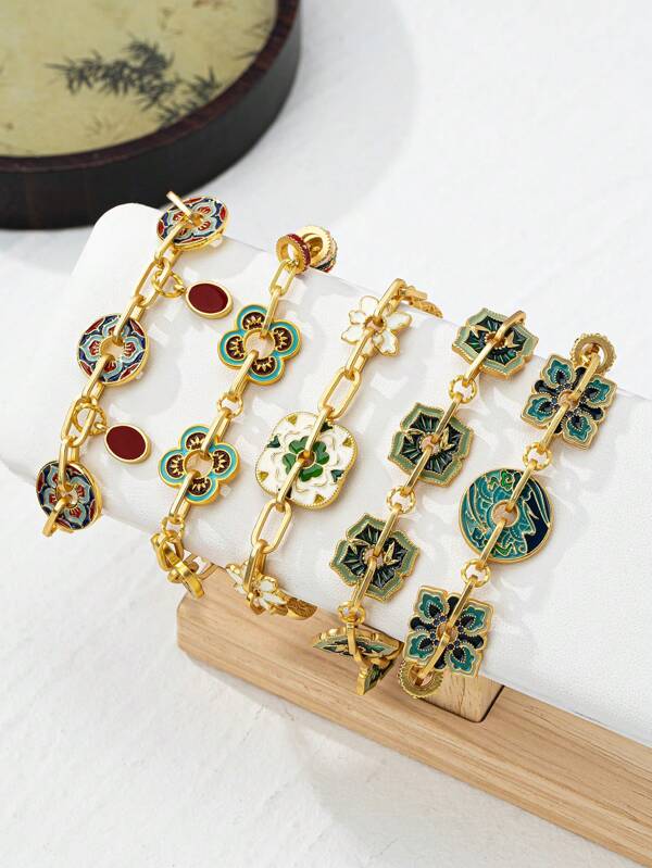 1 pieza Brazalete de cadena con colgante de trébol de 5 hojas chapado en cobre, estilo chino tradicional artesanal, ligero y lujoso, colgante de trébol de 4 hojas, ajustable, apto para mujeres, uso diario, eventos de negocios, galas, regalo para la mejor amiga