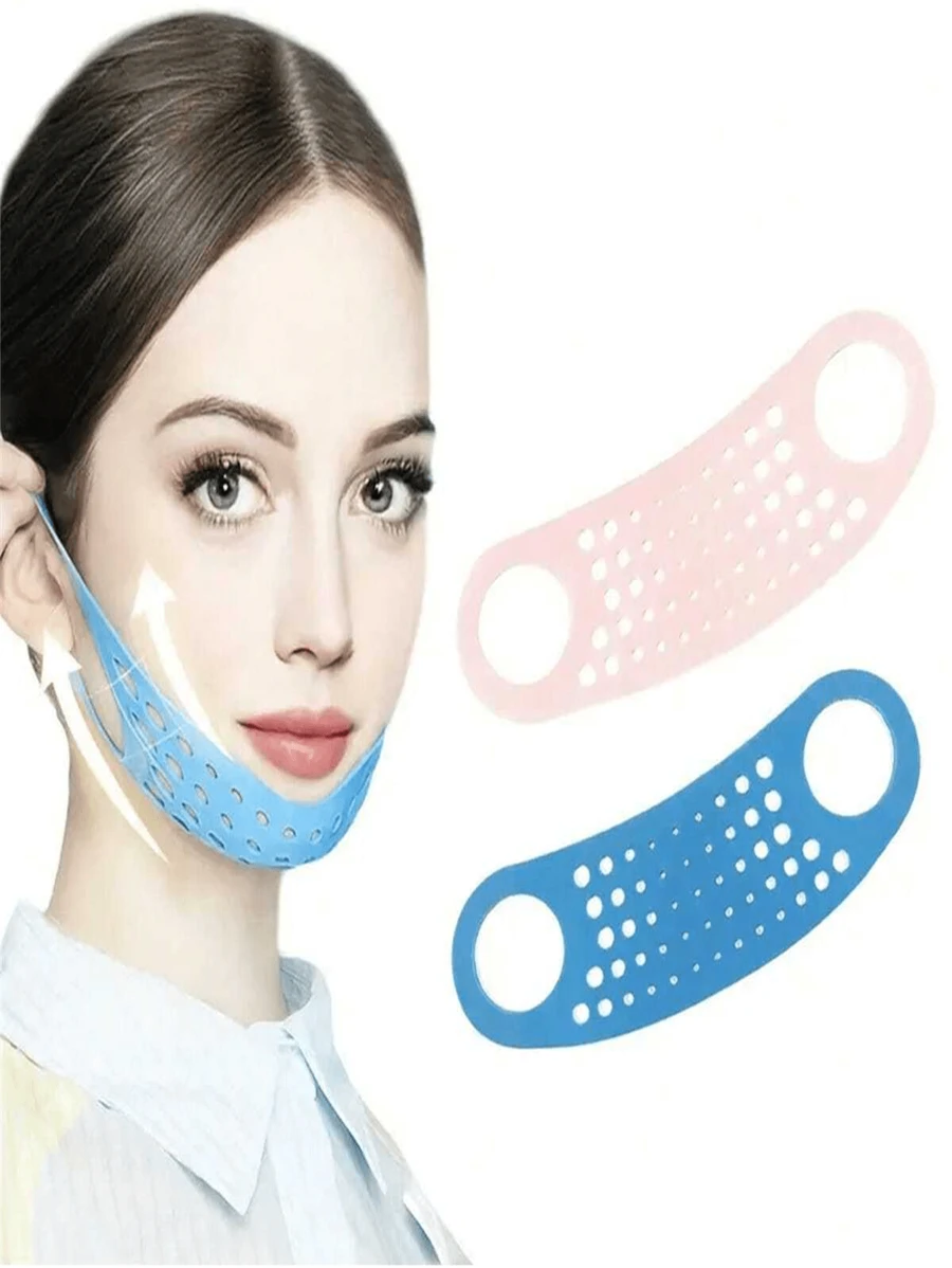 1 件 V 形硅胶薄而精致的面带 - 可重复使用的下巴和脸颊提升挂耳面罩，紧致肌肤，男女通用无酒精护肤工具，带松紧带 - 彩色 - 查看 1
