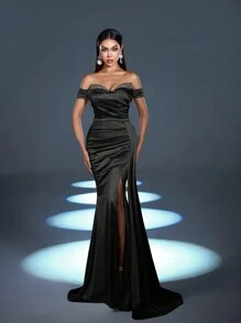 Women's Off-Shoulder Ruched Front Mermaid Formal Party Dress - Black - View 6