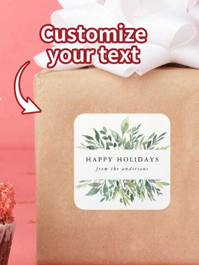 24 Pcs Custom Stickers, Personalised Design Label Stickers, Green Leaf Pattern Square Design, Custom Text Gift Stickers For Envelopes, Invitations, Greeting Cards, Boxes And Bags.