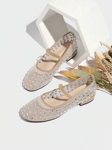 Giày bệt lưới thoáng khí đính đá màu mơ cho nữ, vải lưới màu mơ, nhẹ và thoáng khí, trang trí đính đá màu trắng, chống trượt, thoải mái, phong cách tối giản, thích hợp cho các buổi đi chơi mùa xuân/hè, tụ tập, mua sắm, lễ hội, đi làm hàng ngày, sự kiện, thanh lịch, tiệc tùng, lễ kỷ niệm, phong cách, giày ba lê, giày lưới - Màu be - Xem 4