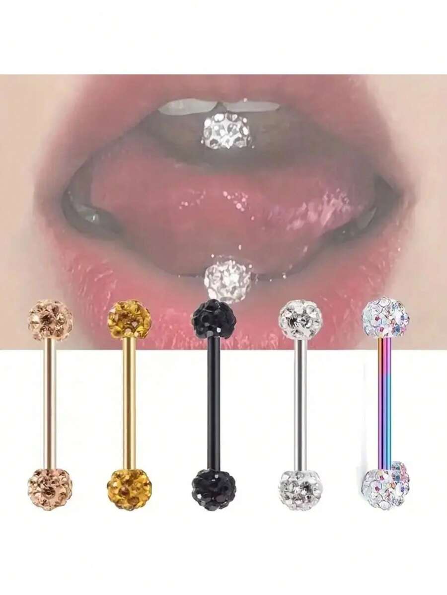 AVYRING 1pc Rhinestone Ball Tongue Studs For Men Simple Tongue Ring Body Piercing Jewelry Stainless Steel Rod Unisex For Woman