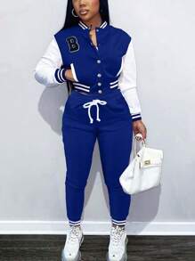 Fooullaide Women's Varsity Jacket Sweatsuit 2 Piece Tracksuit Crop Top Button Down Letterman Jackets Pants Sets - 寶藍色 - 查看 2