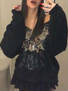 Women Y2k Skeleton Zip Up Hoodie Goth Graphic Printed Long Sleeve Hooded Sweatshirts Pullover Tops Fall Spring Winter E-Girl Jacket Coats Outerwear Teen Girls Gothic Harajuku Emo Vintage Aesthetic Clothes Streetwear Halloween Clothes Outfits - 黑色 - 查看 2