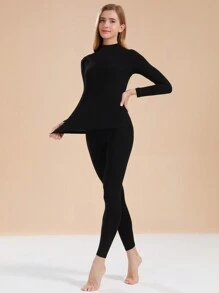 2 件套女士保暖内衣套装，长袖高领上衣和裤子，睡衣和内衣，秋冬 - 黑色 - 查看 5