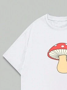 Mushroom Printed T-Shirt Basic Unisex Short Sleeve Casual Comfort - 白色 - 查看 4
