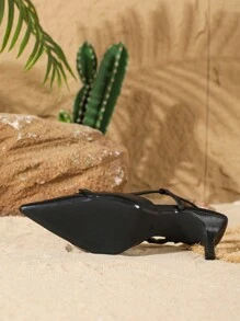 On feet& in love Women's Fashionable PU High Heel Pumps, Metal Bit Decor Pointed Toe, Slip-On Back, Thin Heels