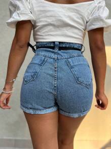 JANE FINE 9016 With Belt Black Short Jeans Women Casual Jeans With Ripped High Waist Women's Denim Shorts With Pocket Natural Youth Denim Shorts 9016 With Belt - Rửa trung bình - Xem 2