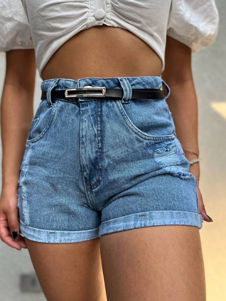 JANE FINE 9016 With Belt Black Short Jeans Women Casual Jeans With Ripped High Waist Women's Denim Shorts With Pocket Natural Youth Denim Shorts 9016 With Belt - Rửa trung bình - Xem 1