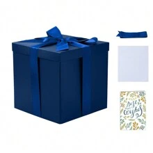 1 Caja de regalo de cumpleaños mediana con tapas, cinta y papel de seda, caja de regalo plegable, de 9x9x9 pulgadas - Azul - Ver 3