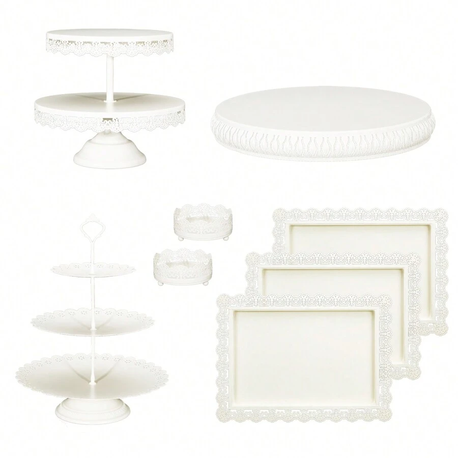 8Pcs Gold Cake Stand Set, 14 Inch Round Metal Cake Stand With 50lb Capacity, Candy Fruit Display Plate Cupcake Serving Tower For Birthday Baby Shower Wedding Decor (Gold/Champagne/White) - 乳白色 - 查看 1
