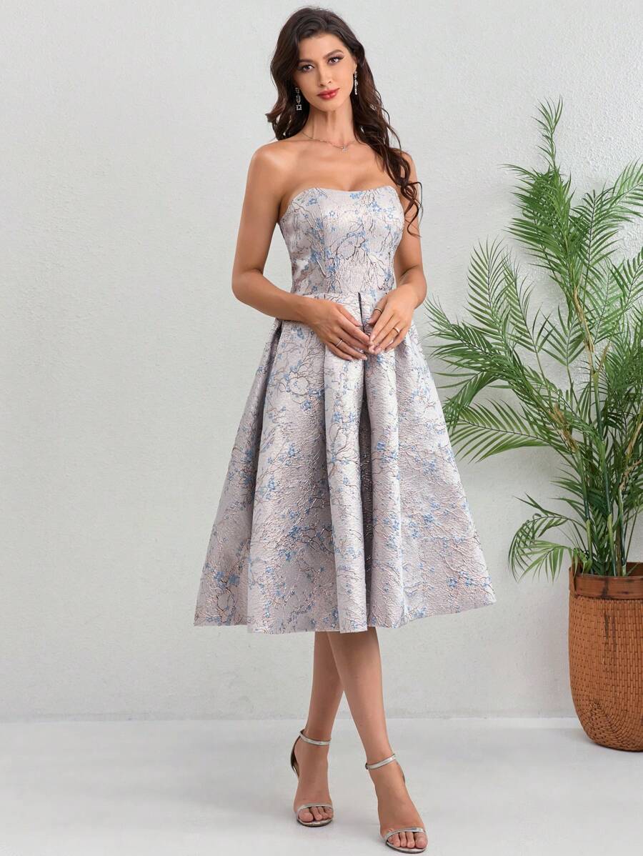 奢华宫廷风格提花面料筒裙，带侧袋，圣帕特里克节鸡尾酒会礼服，派对礼服，毕业礼服 - 淺藍色 - 查看 1