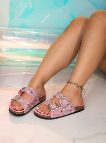 roulvxiang 女士休闲家居户外时尚平底拖鞋软木纹双带拖鞋 - 淺粉色 - 查看 5