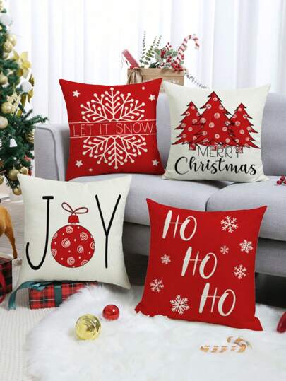 1 件/4 件可选圣诞树和标语、雪花、圣诞球图案装饰枕套，简约亚麻印花圣诞抱枕套，适用于客厅、沙发、卧室、圣诞装饰