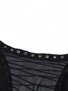 Women's Stunning Long Bodycon Gown Solid Hue See-Through Mesh Sheer Long Sleeve Crossover Tie-Up Backless Evening Party Attire - 黑色 - 查看 8