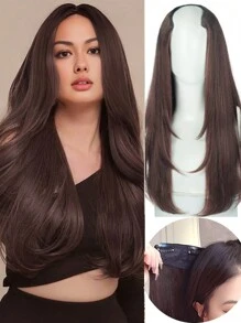 合成女士 V 形长发接发，合成假发，分层接发，蓬松顶垫可增加发量 - 黑棕色 - 查看 23