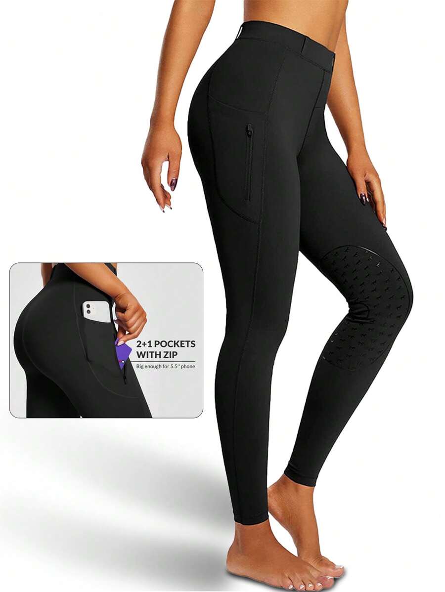 女士户外休闲马术裤，高腰修身耐摩擦透气快干，带硅胶马图标时尚，适合骑马、运动、聚会 - 黑色 - 查看 1