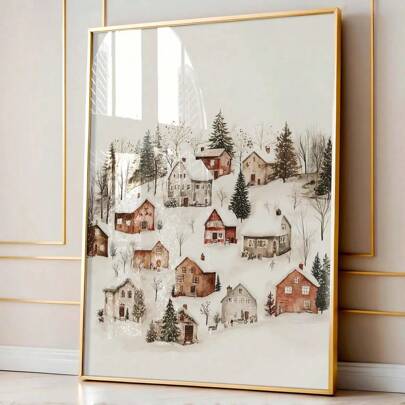1pc Framed/Unframed Vintage Winter Snowy Village Town Christmas Holiday Poster Abstract Landscape Rustic Art Xmas Festival Canvas Painting Print Minimalist Wall Picture For Dorm,Apartment,Living Room,Bedroom,Home Decoration,Farmhouse Decor