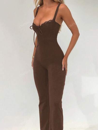WOWDARK Women Autumn Lace Patchwork Cupped Sleeveless Jumpsuit, Solid Color