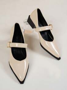 Giày cao gót thời trang nữ màu trơn, có trang trí khóa vuông bằng kim loại ở mu bàn chân, giày Mary Jane mũi vuông, giày cao gót màu trắng thanh lịch phù hợp cho trang phục dự tiệc trang trọng, đi làm hàng ngày, trang phục thường ngày cho mọi mùa - Màu be - Xem 3