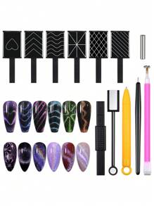 3D Cat Eye Gel Nail Polish Magnetic Tool Set, Includes 12pcs Cat Eye Nail Magnets, Double-Ended Nail Magnet, Nail Magnetic Pen, Striping Nail Magnet Stick, Multi-Functional Magnetic Set For DIY Manicure, Nail Art Supplies, Back To School, Nail Stickers - Multicolor - View 2