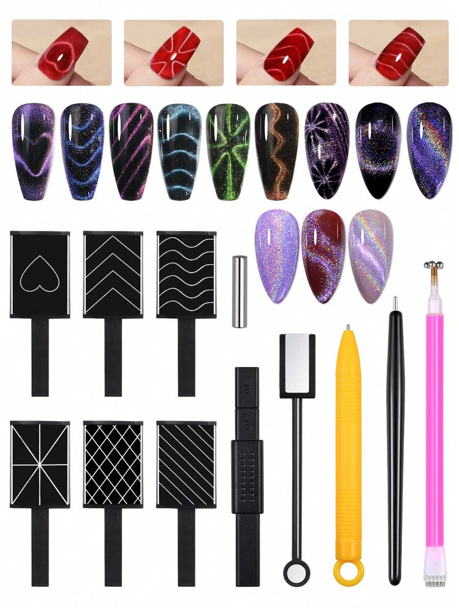 3D Cat Eye Gel Nail Polish Magnetic Tool Set, Includes 12pcs Cat Eye Nail Magnets, Double-Ended Nail Magnet, Nail Magnetic Pen, Striping Nail Magnet Stick, Multi-Functional Magnetic Set For DIY Manicure, Nail Art Supplies, Back To School, Nail Stickers - Multicolor - View 1
