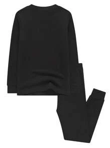 2pcs Girls Thick Solid Black Long Sleeve Top And Pants Set, Snug Fit, Warm Winter Pajamas