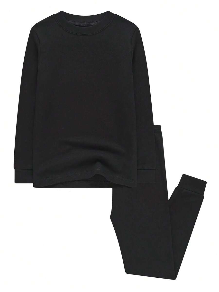 2pcs Girls Thick Solid Black Long Sleeve Top And Pants Set, Snug Fit, Warm Winter Pajamas
