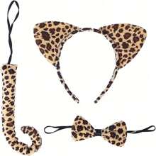 3 件套豹纹服装配饰豹纹耳朵头带蝴蝶结尾巴派对角色扮演用品万圣节和圣诞节 - 彩色 - 查看 3