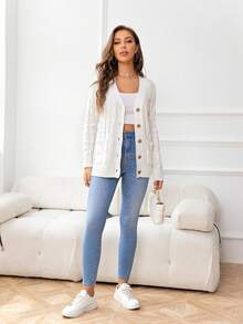 DEARCASE Cable Knit Dual Pocket Button Front Cardigan - White - View 6
