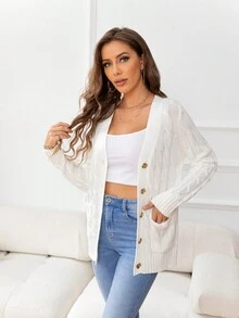 DEARCASE Cable Knit Dual Pocket Button Front Cardigan - White - View 3