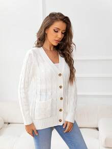 DEARCASE Cable Knit Dual Pocket Button Front Cardigan - White - View 4